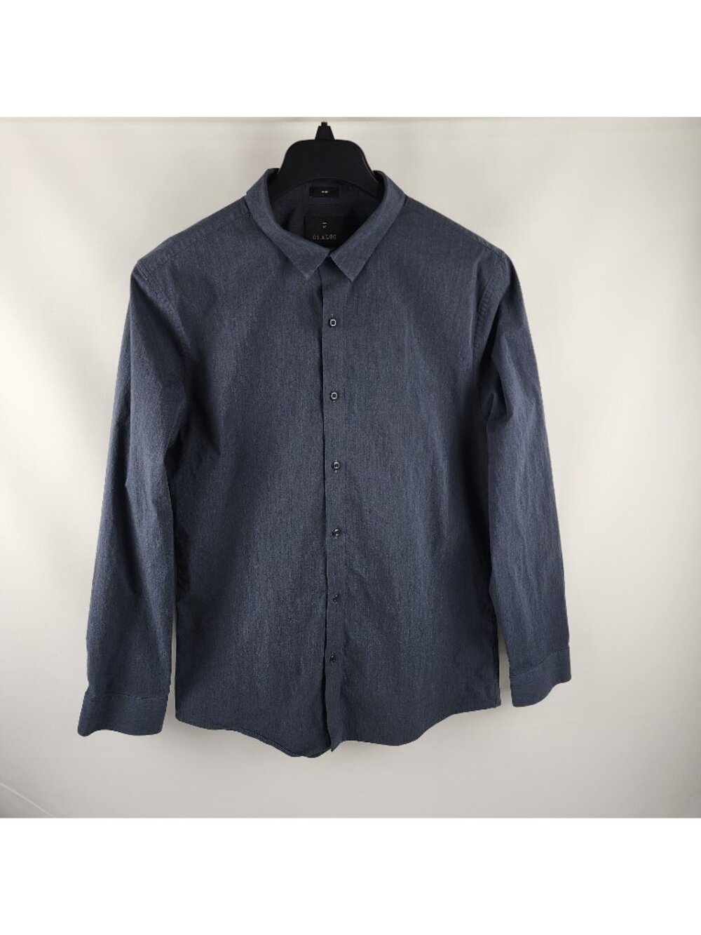 01.Algo Dress Shirt Mens L Navy Blue Heathered Stretch Slim Button Up